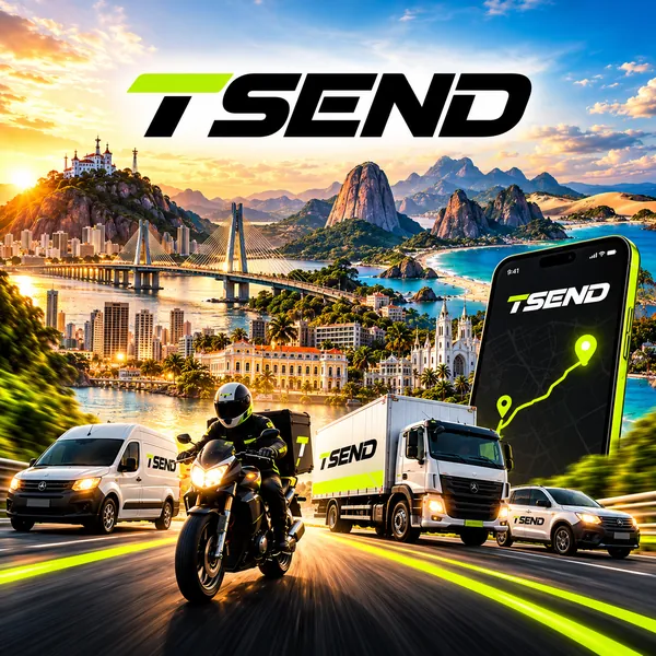 Moto, van, caminhão e carro da TSend em uma estrada à beira-mar ao pôr do sol, ao lado de um celular com a rota da entrega no mapa.